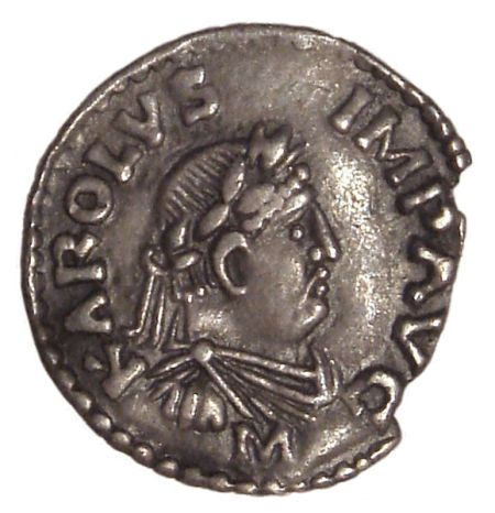 a Charlemagne denier coined in Frankfurt from 812 to 814 nscription KAROLVS IMP AVG (Karolus Imperator Augustus)