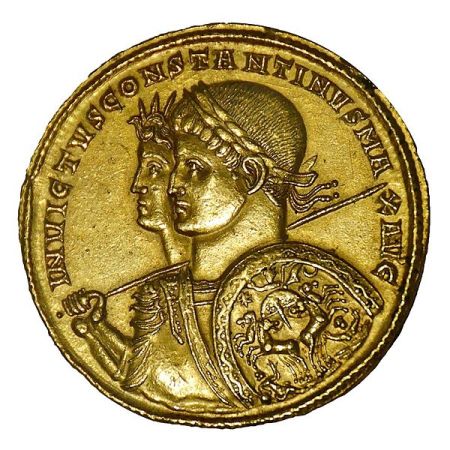 Gold multiple medallion minted in Ticinum, 313 AD. Wt. 39.79 g. Busts of Constantine with Sol Invictus
