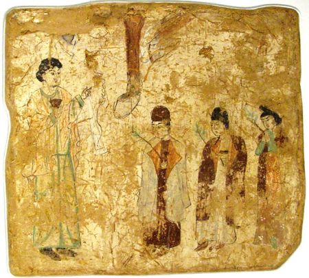 Khocho, Nestorian Temple, 683–770 CE. Wall painting, 61 × 67 cm Nestorian priests in a procession on Palm Sunday, in a 7th- or 8th-century wall painting from a Nestorian church in Qocho, China