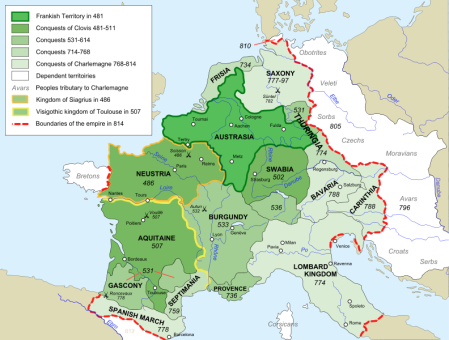Map of the rise of Frankish Empire, from 481 to 814.