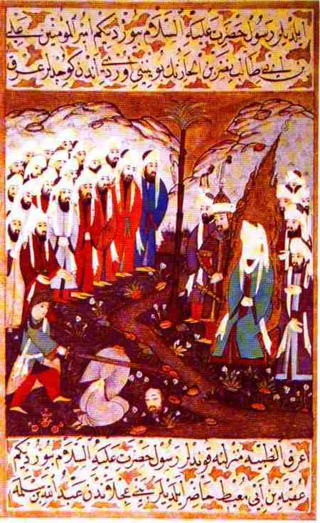 Ali bin Abu Taleb beheading Nasr bin al-Hareth in the presence of Mohammed and his companions. 