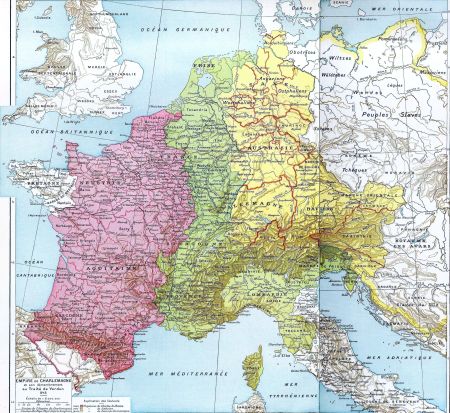 The parting of Carolingian Empire by the Treaty of Verdun in 843. Pink area indicates West Francia.Green area indicates Middle Francia.Yellow area indicates East Francia.