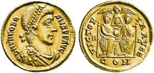 Milan coin before 380AD 2 Emperors with the Imperial cult angel and halos